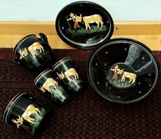 kunsthandwerk,vintage Keramik Geschirr-Set Kuh Motiv 6-tlg.