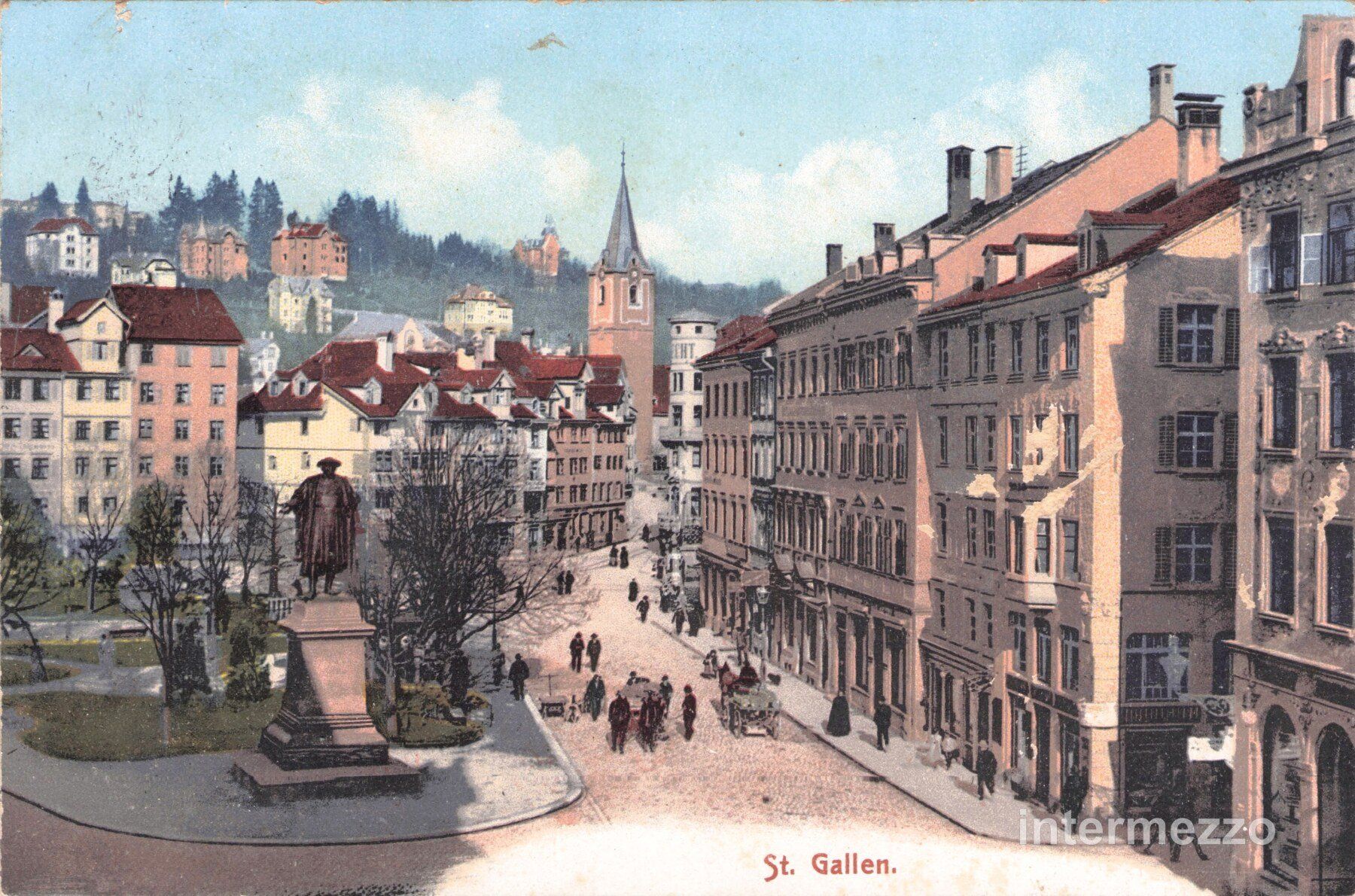 Cartoline postali: St. Gallen // 1912 Denkmal Platz Häuser – Usato da Basel venduto da intermezzo12