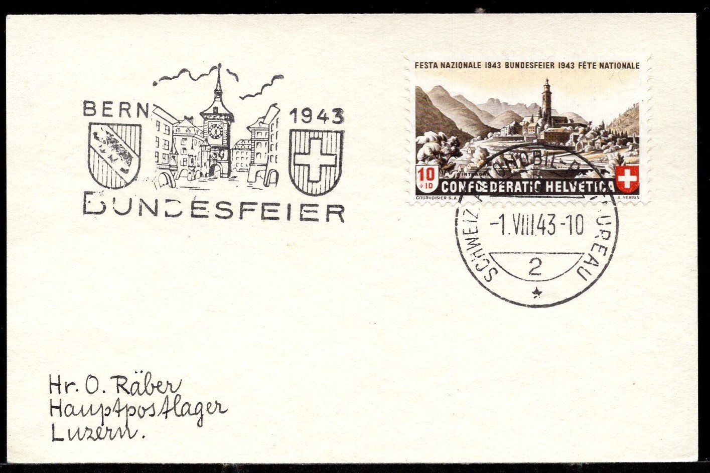 Tutti i francobolli: BERN 1.VIII.1943   BUNDESFEIER    AUTOMOBIL-POST-BUREAU – Usato da Aarau venduto da kufi44