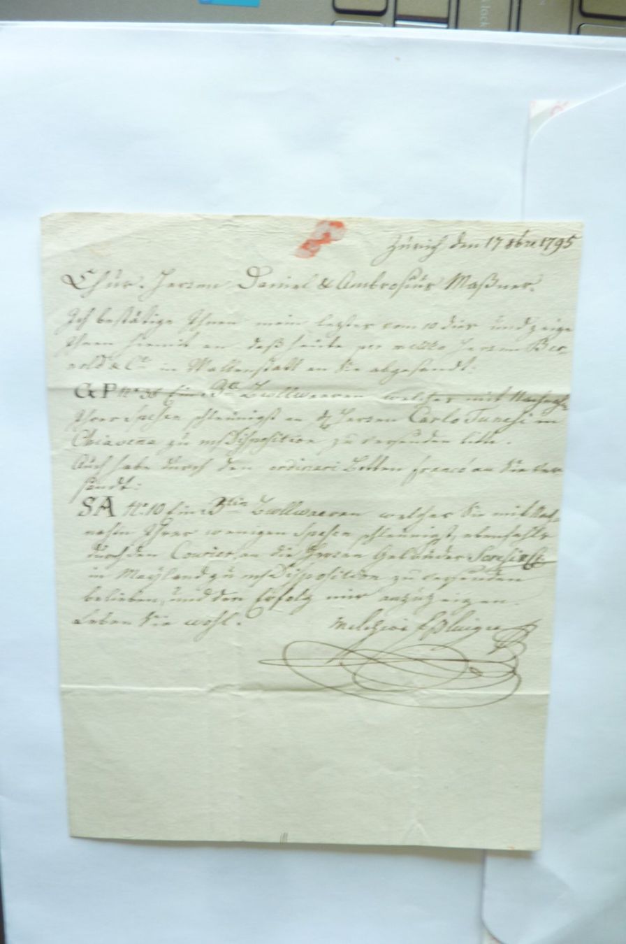 Dokumente: HANDSCHRIFT BRIEF VON MELCHIOR ESSLINGER AN HERREN MESSNER – Gebraucht aus Zürich von Rrehsuah