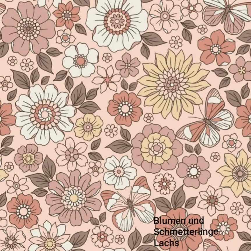 Tessuti: Baumwolljersey Blumen & Schmetterlinge Lachsrosa – Nuovo e nell'imballaggio originale da Steg im Tösstal venduto da J.Kreisl