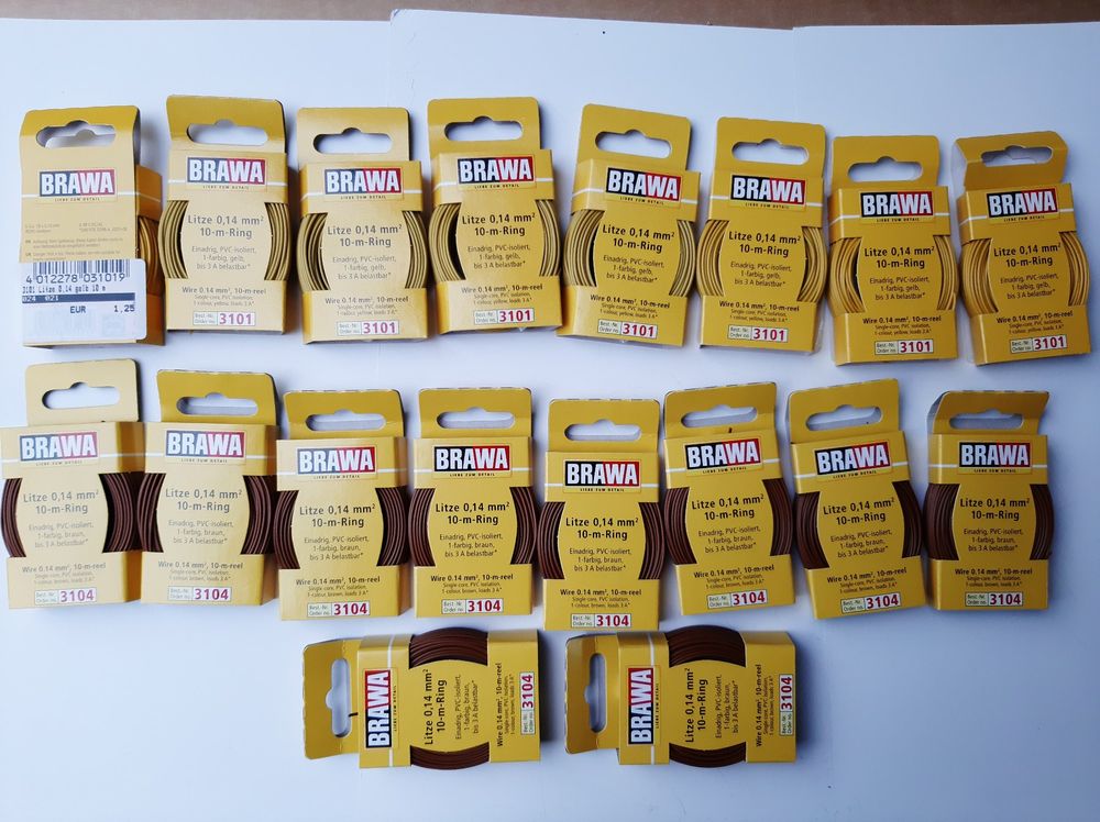 Brawa Modelleisenbahnen: Brawa 3101 Litzen gelb (8x) / 3104 braun, (10x), je 10 Meter – Neu und originalverpackt aus Thun von Schwarzsee48