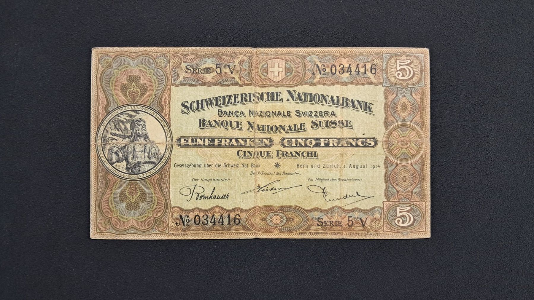 Banconote: Schweiz 5 Franken 1914 Serie 5V – Nuovo e nell'imballaggio originale da Lufingen venduto da E-Auktion