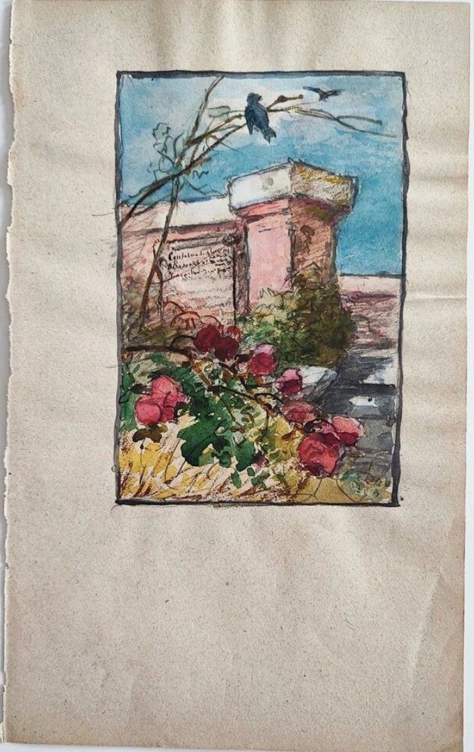 Dipinti: An einer Mauer, altes Aquarell, anonym – Usato da Zuerich venduto da Antiquarium 1