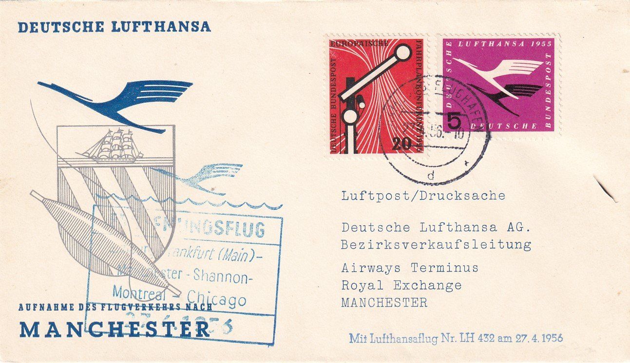Tutti i francobolli: Erstflug Lufthansa Hamburg - Manchester 1956 – Usato da Baar venduto da Asmara111