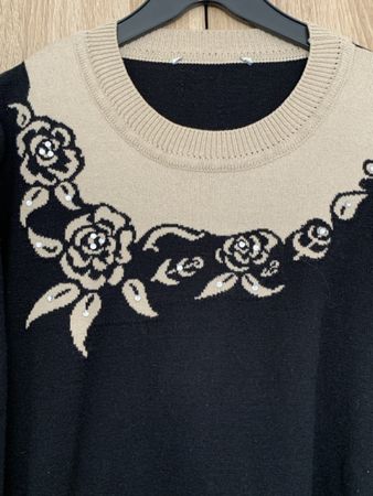 Pullover Schwarz Beige mit Strass Gr L mit Blumenmuster