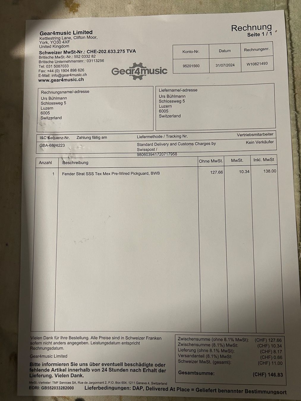 Fender Strumenti musicali: Fender Pre-Wired Strat Pickguard SSS Tex Mex – Nuovo (secondo la descrizione) da Bottmingen venduto da Stanko5 3