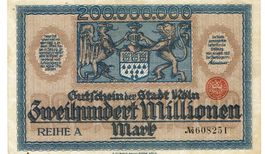Köln 200 Mil.Mark Reihe A Wz Kölner Wappen 14.09.1923 VZ-VZ+