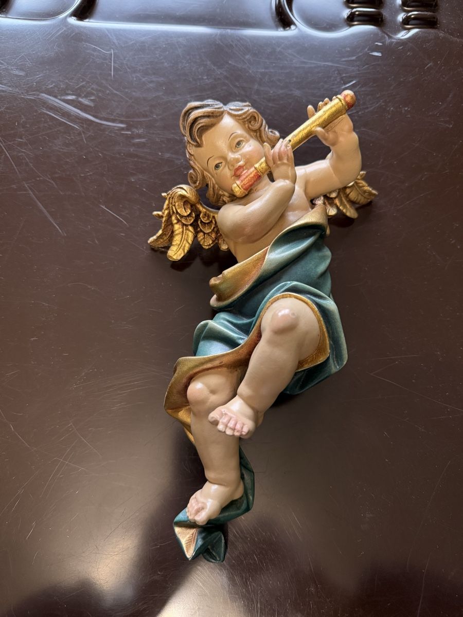 Statuette: Engel Figur, Holz, mit Flöte, Wanddeko, – Usato da Aarburg venduto da Schatzaffe 1