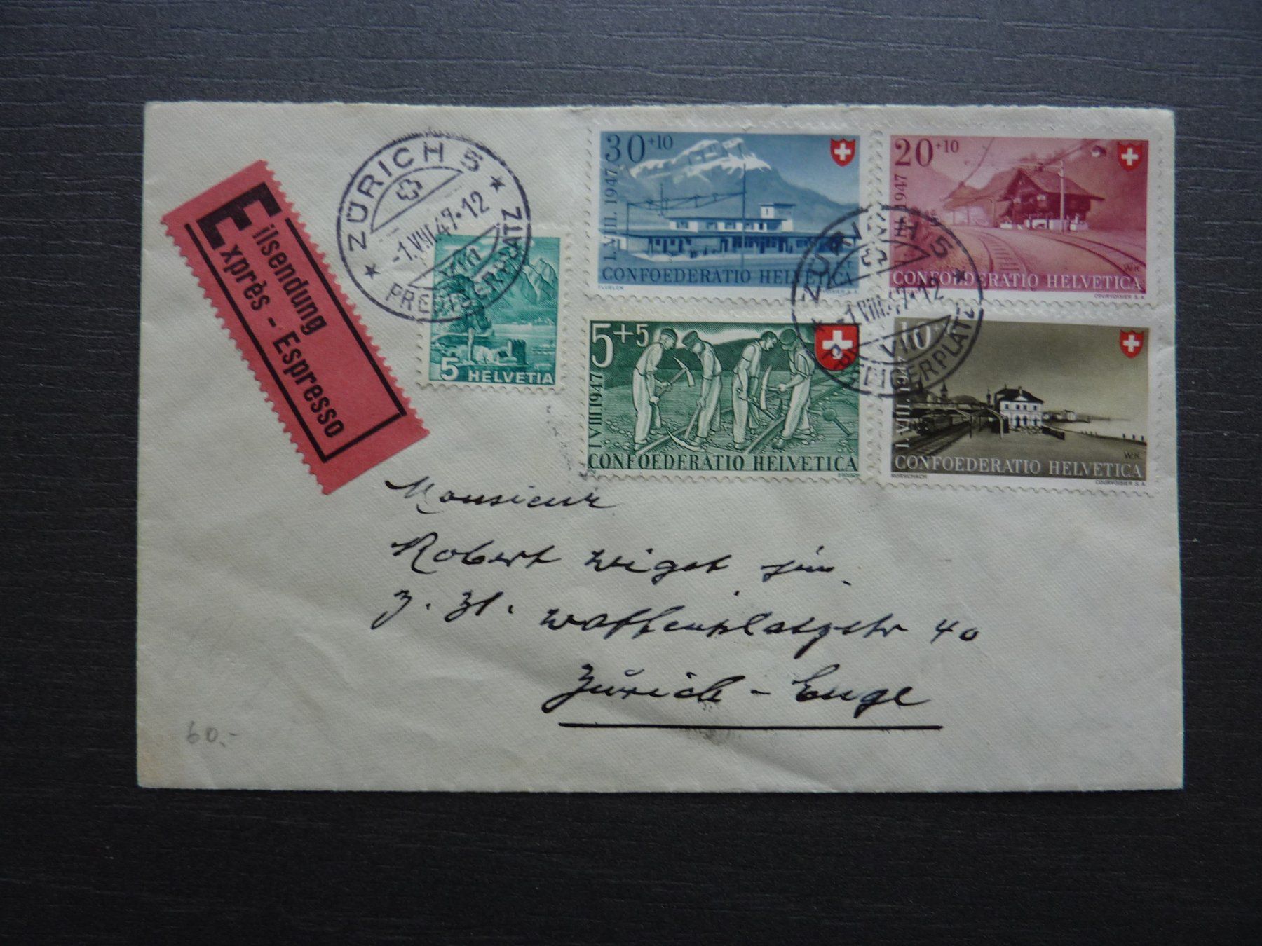Tutti i francobolli: 1947 Pro Patria E-Satzbrief,  Fr. 6.-- / SBK 60.-- – Usato da Zürich venduto da Aetna14