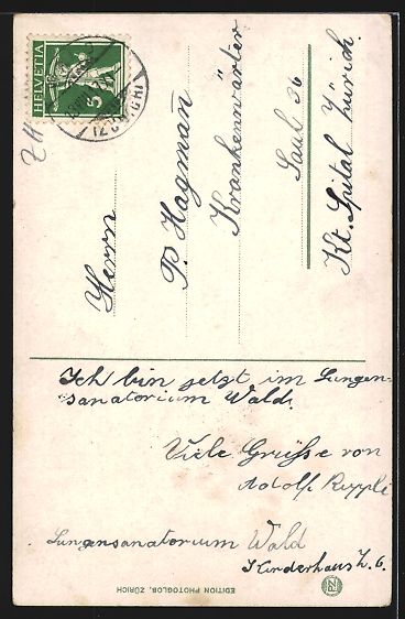 Ansichtskarten: AK Wald /ZH, Sanatorium mit Birke, 1917 – Gebraucht aus Berlin von bartko-reher 1