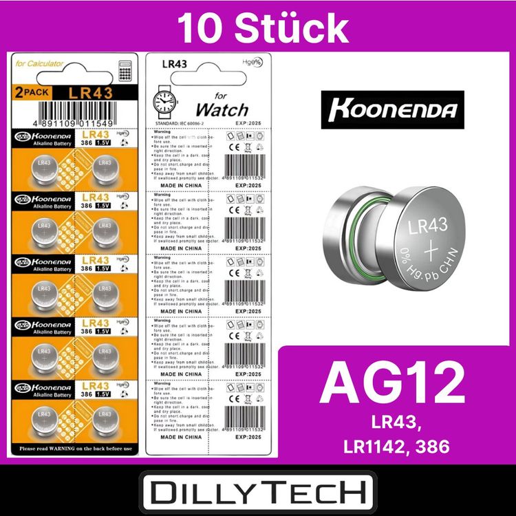 Caricatori & Batterie: AG12/LR43/386/SR1142SW Koonenda Alkaline K.Batterien-10 Stk – Nuovo e nell'imballaggio originale da Erlenbach ZH venduto da dillytech.ch