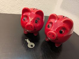 2x Sparschwein 1x Schlüssel Vintage Bank Coop Keramik rot 