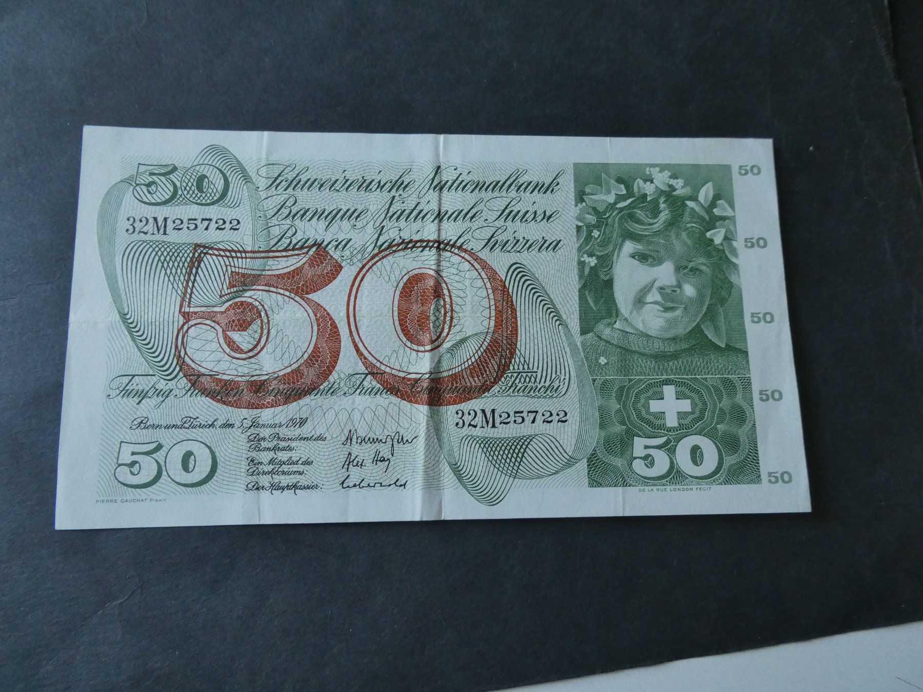 Banknoten: Schweiz 1970, 50 Franken – Gebraucht aus Hinterforst von Rohusri