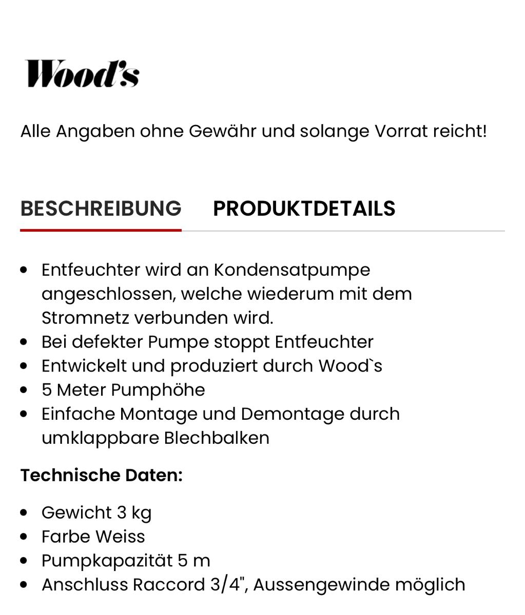 Pompe & Parti di ricambio: WOODS WDP01 Kondenswasserpumpe – Nuovo e nell'imballaggio originale da Zufikon venduto da Woodworkdm 2