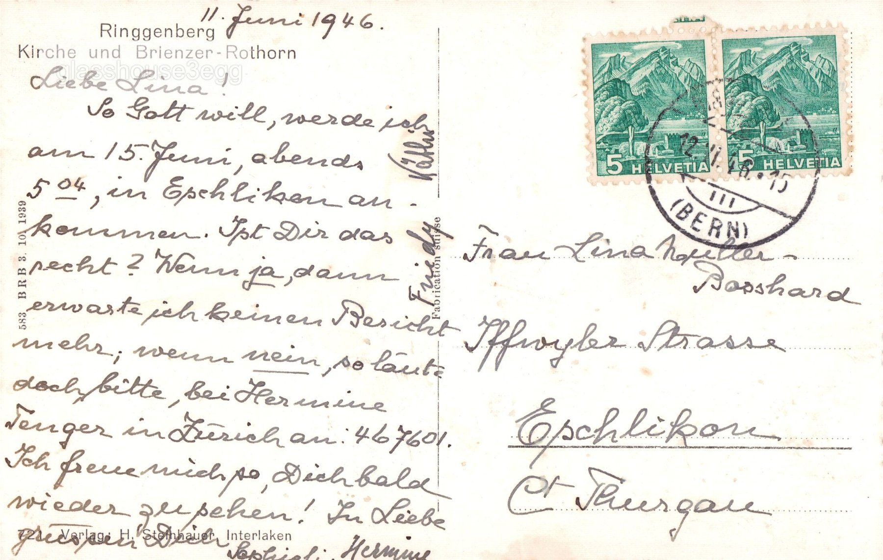 Cartoline postali: AK 1946 Ringgenberg, Kirche und Brienzer - Rothorn – Usato da Eggersriet venduto da glasshouse3egg 1