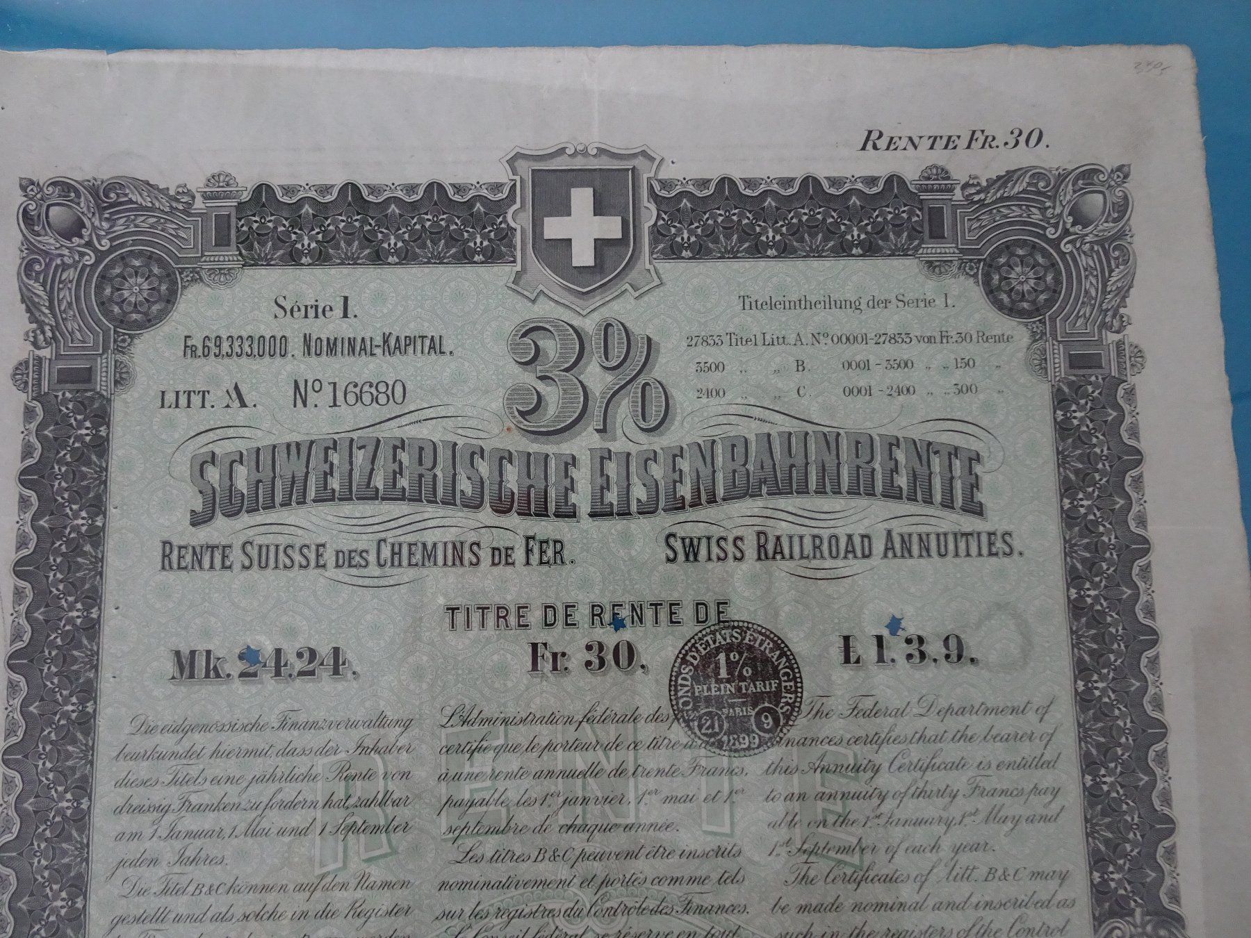Documenti: Historisches Wertpapier - Schweizerische Eisenbahnrente 1890 – Usato da Vitznau venduto da Mina60 1