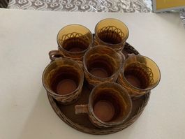 Retro Gläser Set mit Korb Tablett, 7-teilig, Top Zustand!