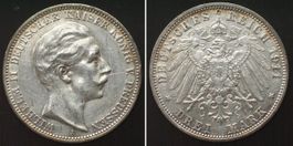 PREUSSEN 3 Mark 1911 A, WILHELM II. Silber vz+