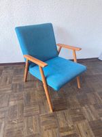 Mid Century Sessel blau Holzgestell gepolstert vintage