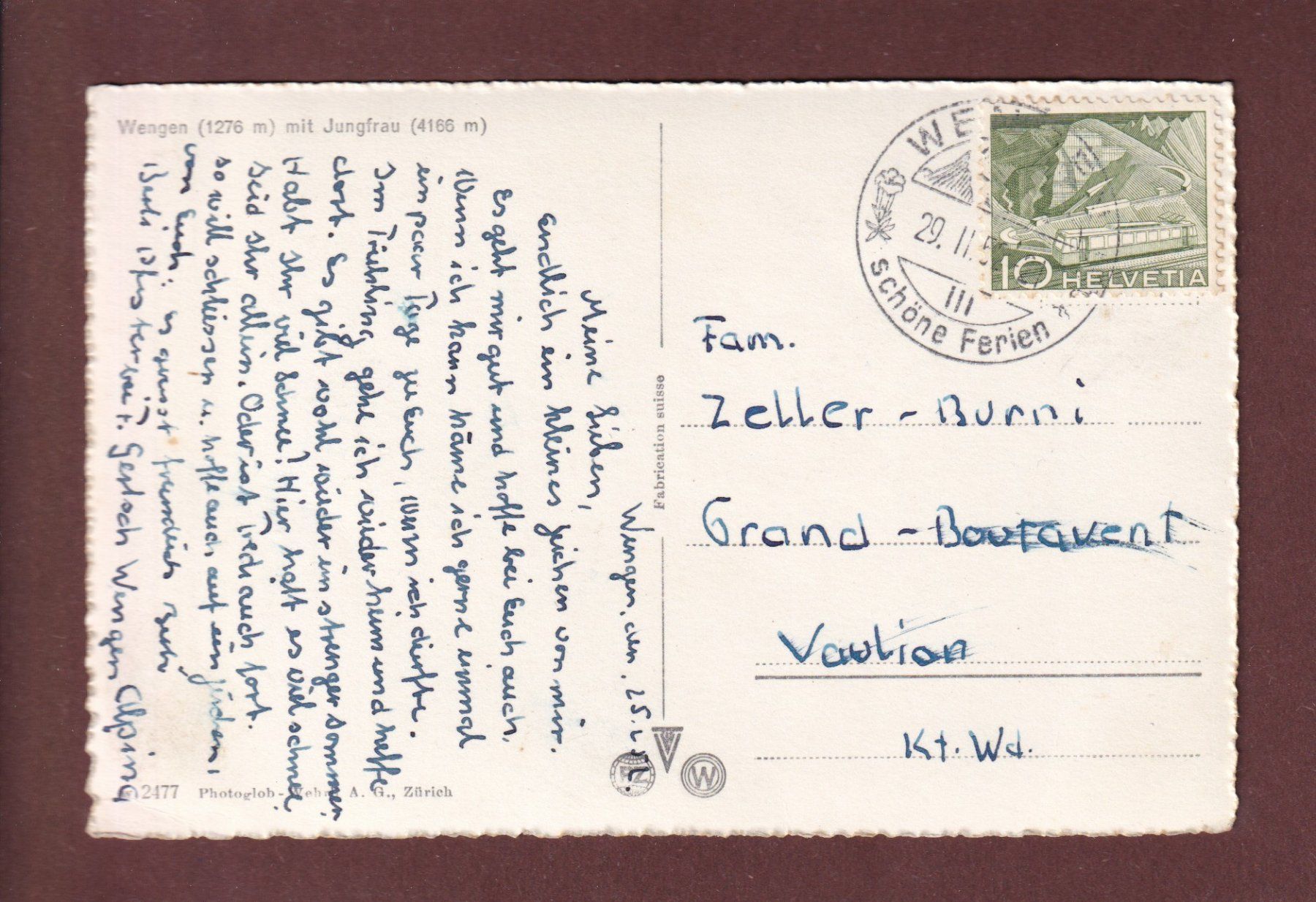 Cartoline postali: WENGEN mit Jungfrau - 1952 – Usato da Pully venduto da nicecards-shop 1