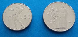 Italien: "kleine" 100 Lire 1992 und 50 Lire 1993, SS.