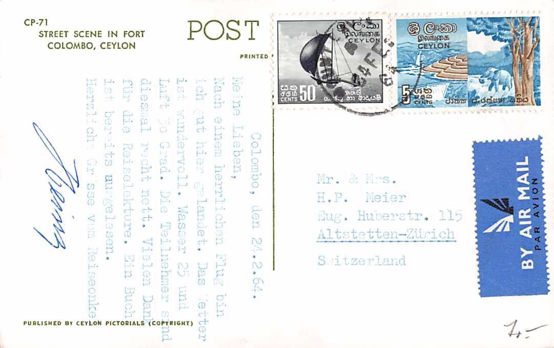 Cartoline postali: EXOTISCHE Ansichtskarte COLOMBO CELYON – Usato da Lufingen venduto da TopAnsichtskarten 1