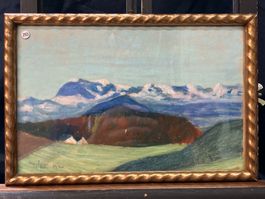 Gemälde Kreidezeichnung Gebirgslandschaft signiert Bader
