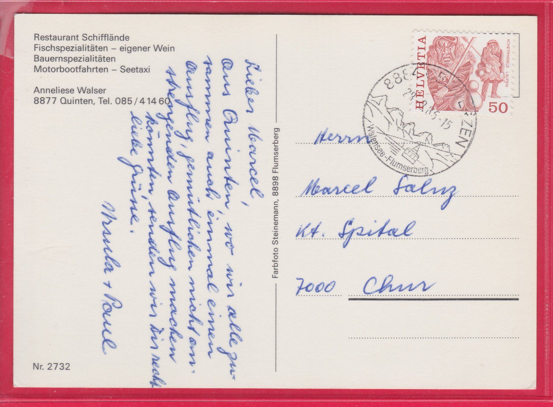Cartoline postali: QUINTEN, WIRTSCHAFT SCHIFFLÄNDE, 28.8.1986 – Usato da Oberrieden venduto da Gebirgsstelze 1
