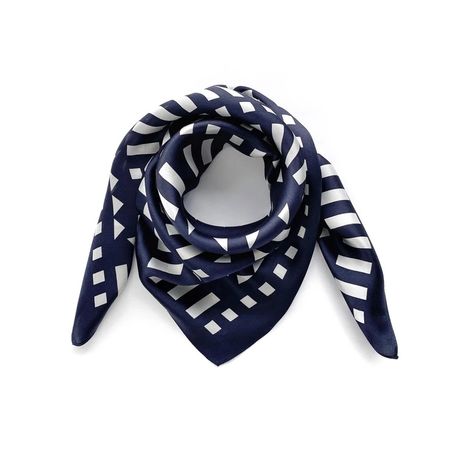 New 68cm Navy Blue Silk Scarf, Geometric Print for Men Women