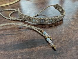 Makramee Choker, blauer Labradorit, grau-beige