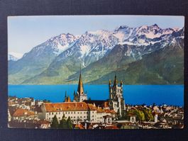Farbige Postkarte Lausanne - La Cathédrale et les Alpes 1939