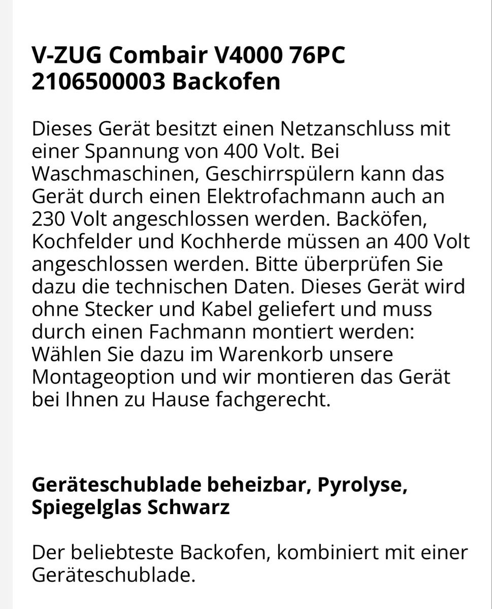 V-Zug Forni: Backofen 55cm - V-ZUG V4000 76PC – Usato da Forch venduto da mtor83 4