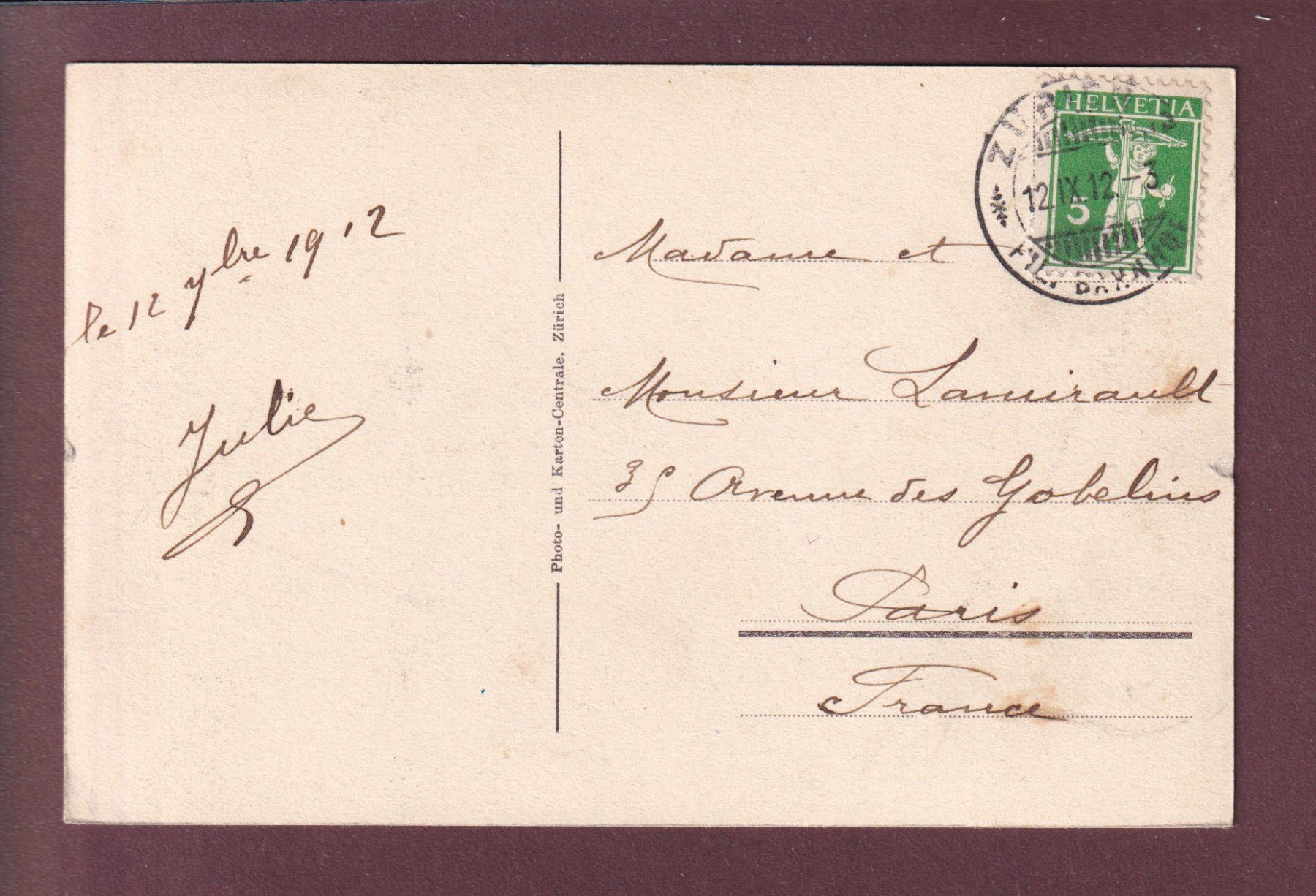 Cartoline postali: ZÜRICH vom See - 1912 – Usato da Pully venduto da nicecards 1