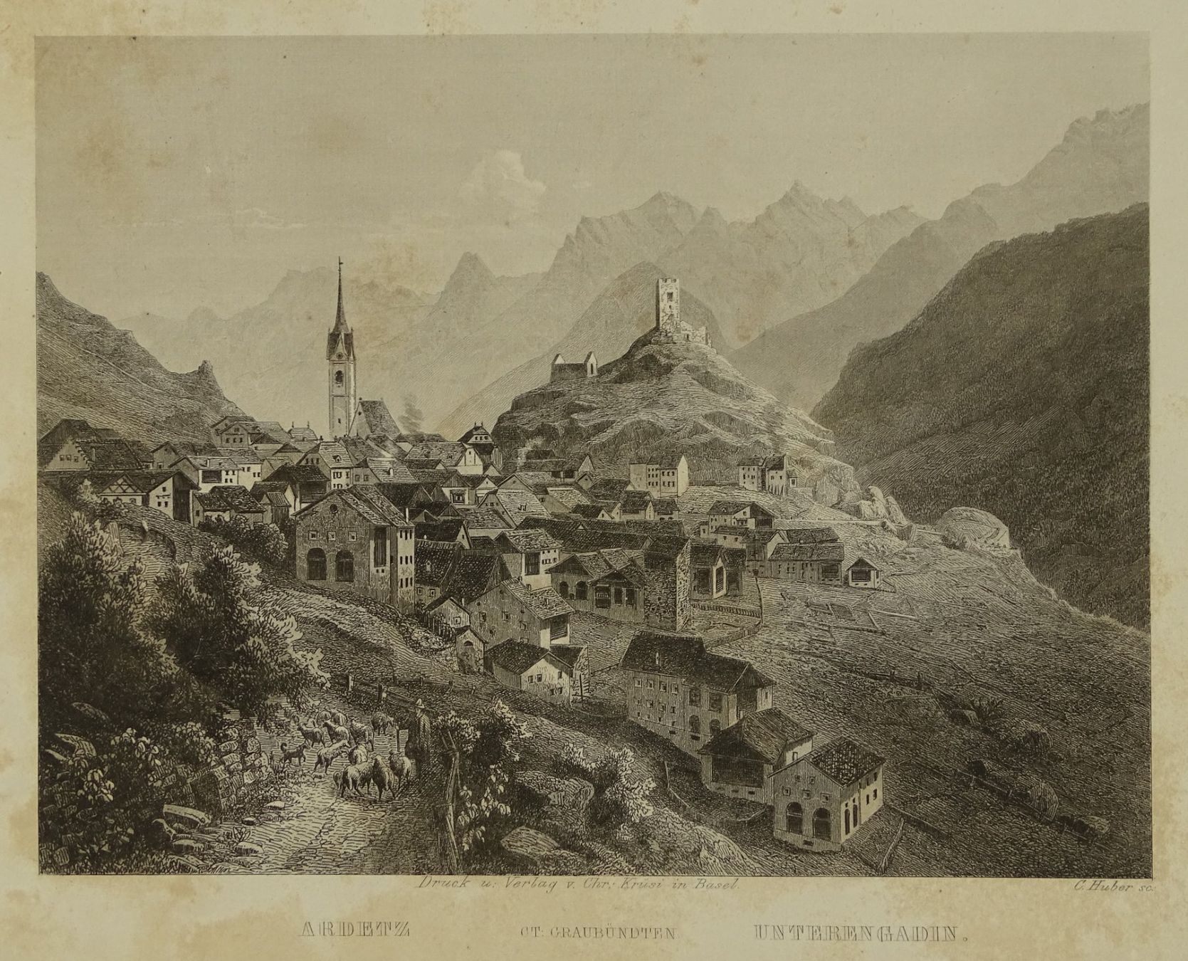 Incisioni: ARDEZ, ENGADIN, STAHLSTICH UM 1870 – Usato da Grüningen venduto da Kartensammler