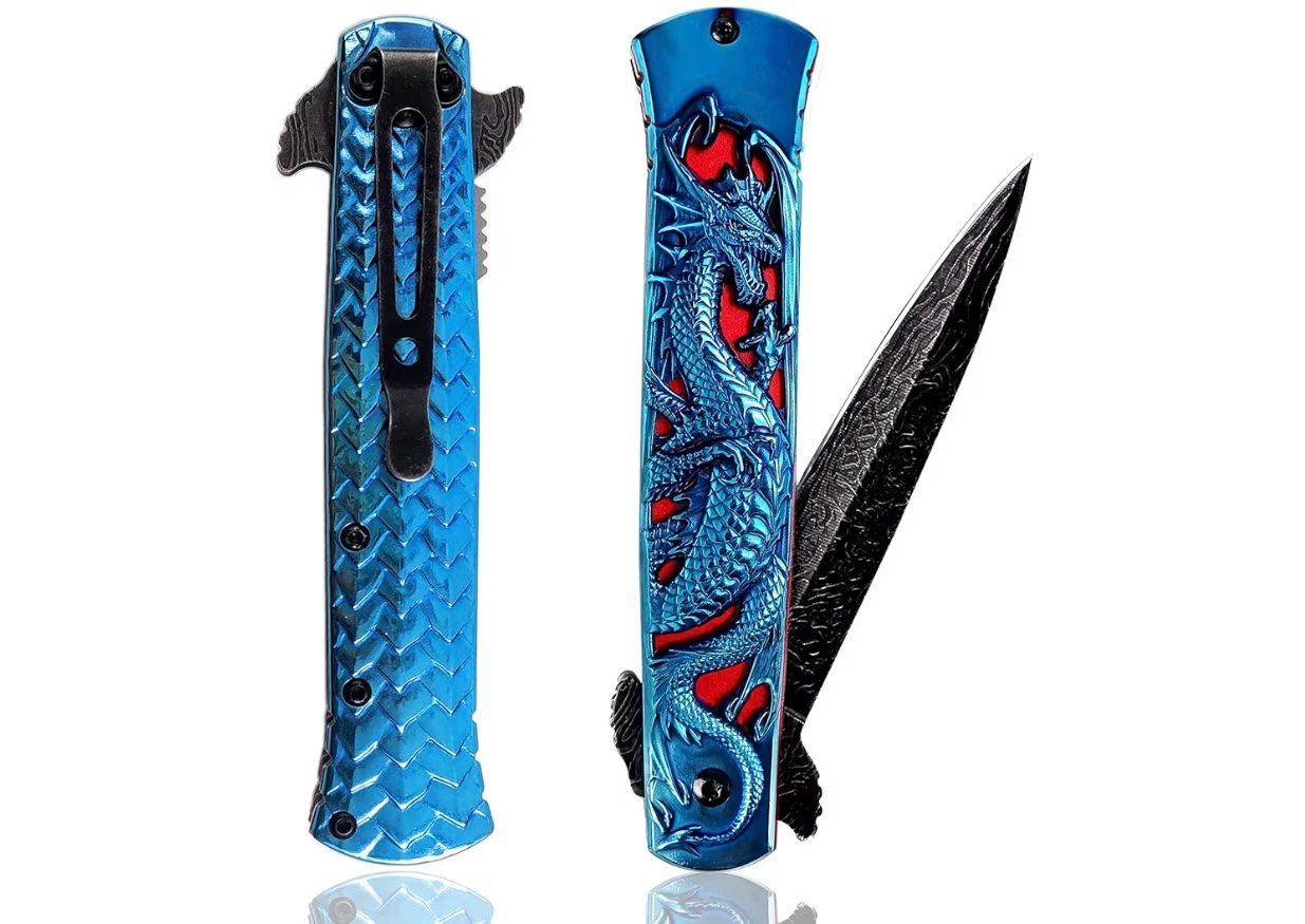 Taschenmesser: Klappmesser/Taschenmesser mit Drachen blau/rot – Neu und originalverpackt aus Basel von Seifehuesli