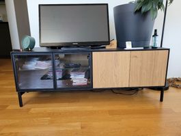 Lowboard dunkel mit Holztüren und Glasfach Breite 120 cm