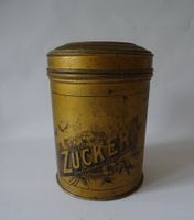 Antike goldfarbene Zuckerdose aus Blech mit schönem Motiv