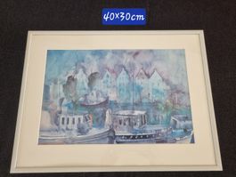 Bild Aquarell Hafenmotiv mit Rahmen 40x30cm