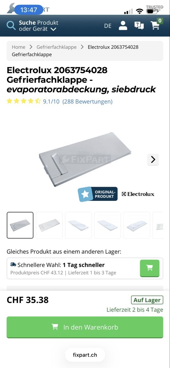 Electrolux Réfrigérateurs: Electrolux Gefrierfachklappe  neu – Neuf avec emballage d'origine à Adlikon par kathrinemma 1