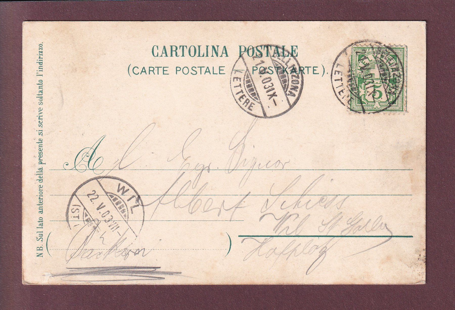 Cartoline postali: BELLINZONA - Stazione - 1903 – Usato da Pully venduto da nicecards 1