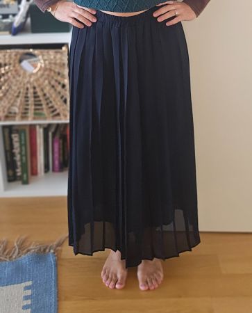 Jupe longue plissée vintage bleu marine, taille élastique