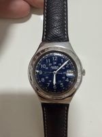 Swatch Irony Uhr blaues Zifferblatt Lederarmband gebraucht