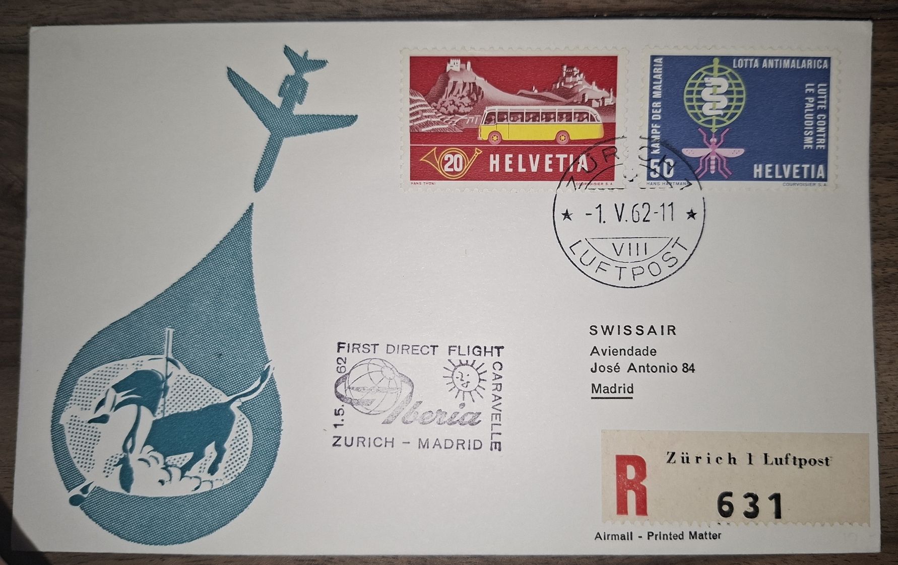 Tutti i francobolli: First direct Flight 01.05.1962 Zürich - Madrid – Usato da Balgach venduto da SIMEON27