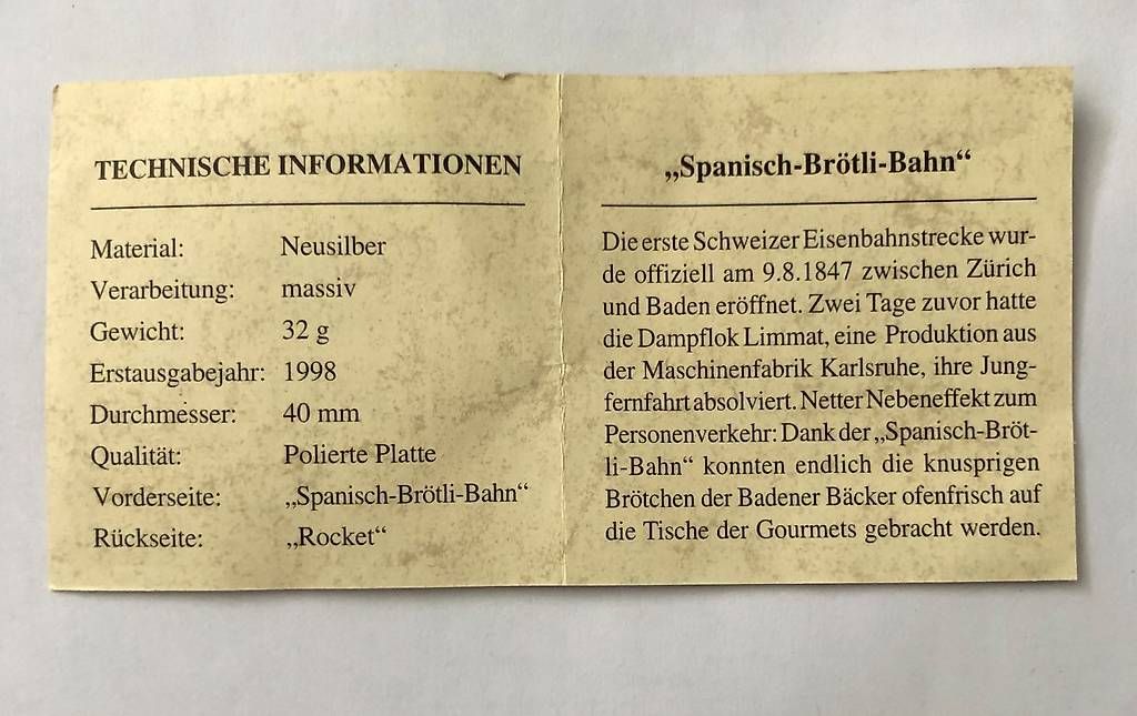 Tutti le monete: Gedenkmünze Spanisch Brötli-Bahn – Usato da Ittigen venduto da Ganjaiii 3