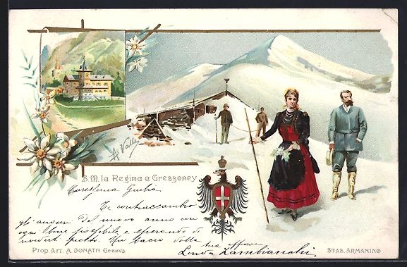 Cartoline postali: Genova, S.M. la Regina a Gresgoney zur W – Usato da Berlin venduto da bartko-reher