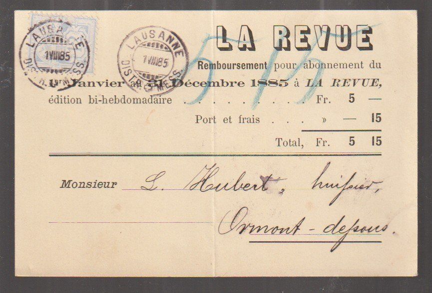 Tous les timbres: Remboursement NN 1885 12 ct Lausanne pour Ormont-Dessus ? – D'occasion à Biel/Bienne par Destockweb