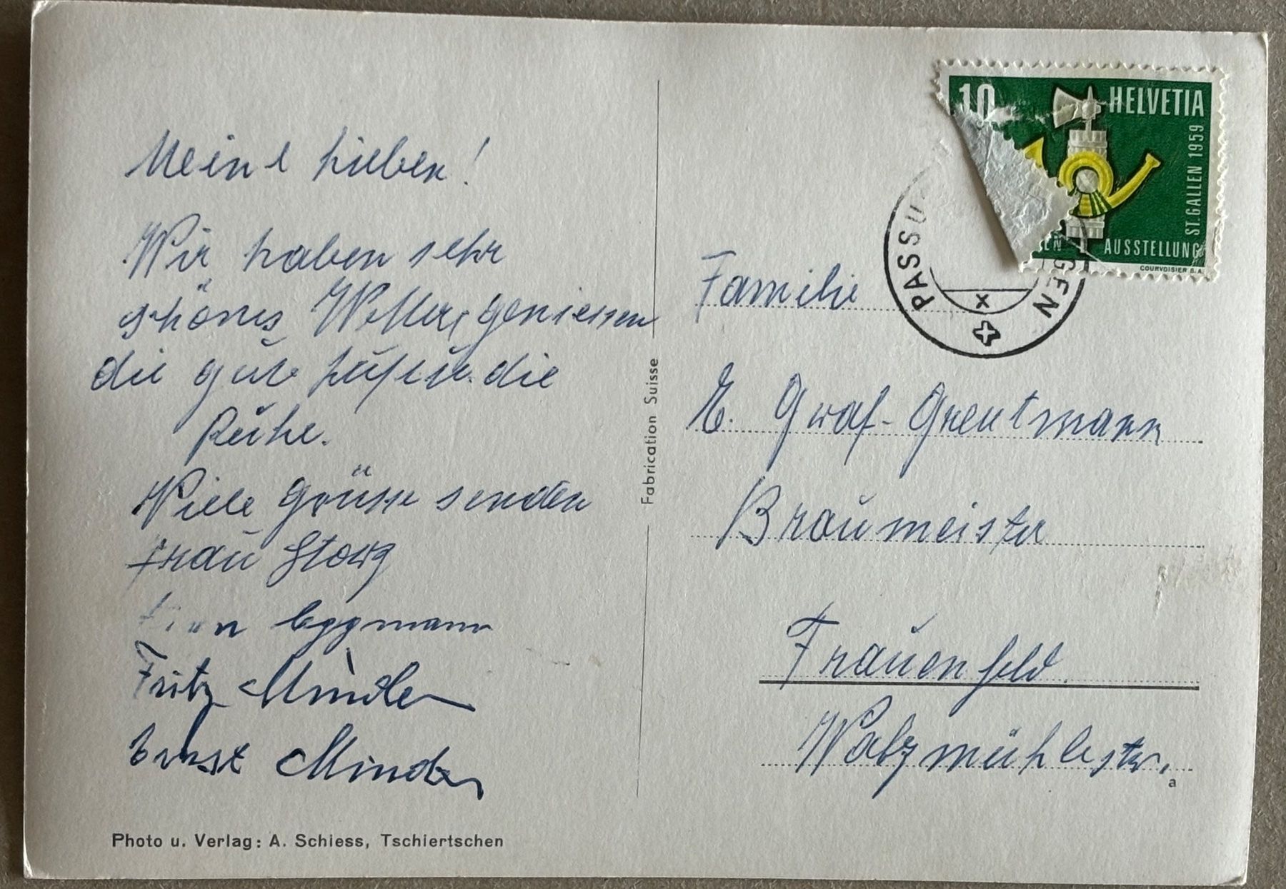 Ansichtskarten: Passugg, 1959 – Gebraucht aus Frauenfeld von Merk52 1