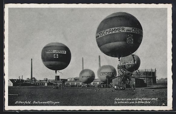 Cartoline postali: Bitterfeld, Ballonwettfliegen, Ballons B – Usato da Berlin venduto da bartko-reher