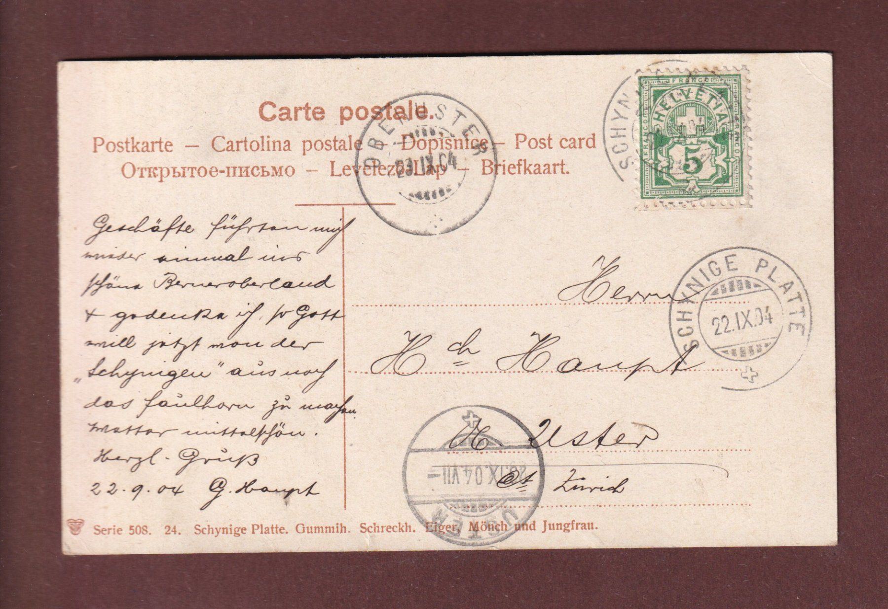 Cartoline postali: SCHYNIGE PLATTE - Gummihorn - 1904 – Usato da Pully venduto da nicecards-shop 1